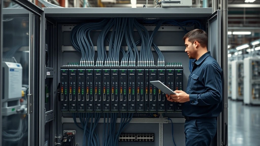 Engineer with a laptop inspecting DIN-rail mounted PLC modules and communication cabling inside an open control cabinet Engineer with a laptop inspecting DIN-rail mounted PLC modules and communication cabling inside an open control cabinet